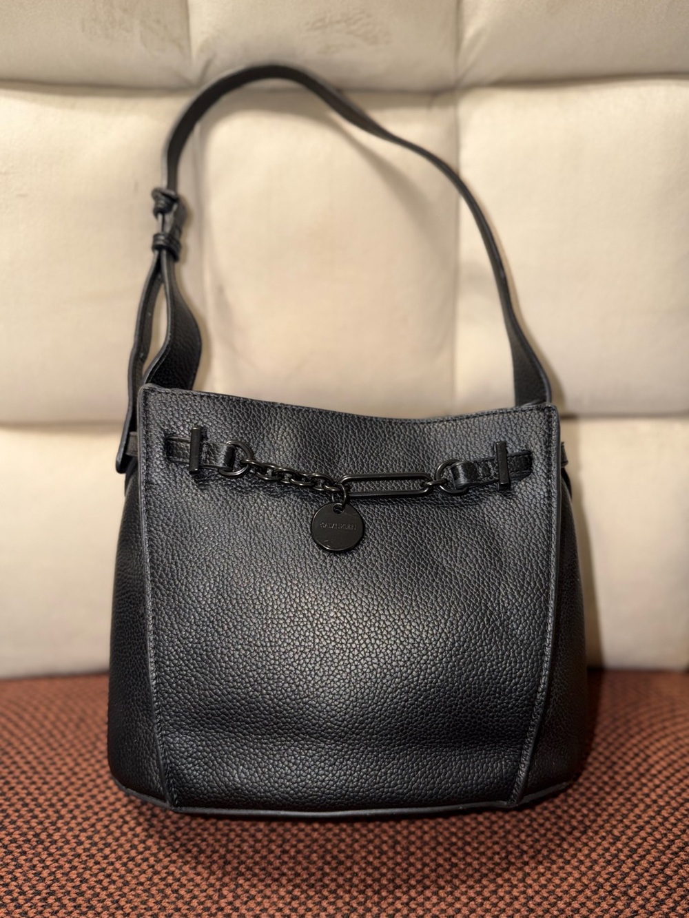 Calvin Klein Black Pebbled Leather Shoulder Bag with Chain Detail